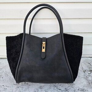 Unbillion Women Handbag Tote Bag Black Leather and Faux Furry Bag